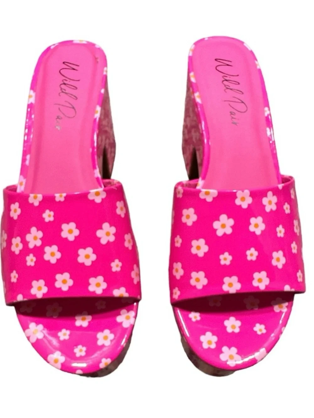 Wild Pair Hot Pink Floral Platform Slip on Sandal Heels